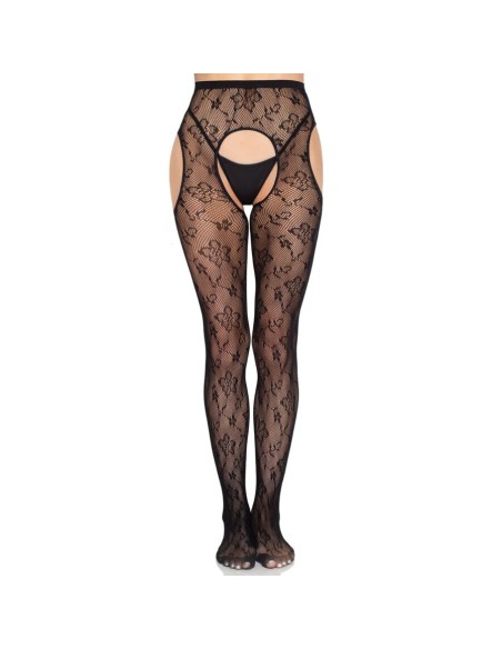 LEG AVENUE 1967 MEDIAS DE LIGUERO CON RED DE FLORES NEGRO TALLA ANICA