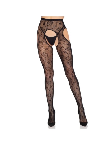 LEG AVENUE 1967 MEDIAS DE LIGUERO CON RED DE FLORES NEGRO TALLA ANICA