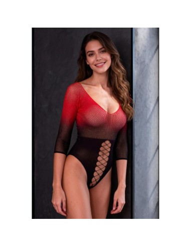 PASSION BS118 BODYSTOCKING DE MALLA NEGRO Y ROJO