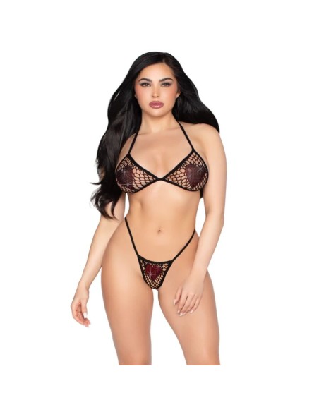 LEG AVENUE 86147 TOP DE BRA DE RED Y PANTY G STRING NEGRO TALLA ANICA
