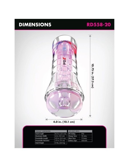 PDX ELITE MASTURBADOR TRANSPARENTE VIEWTUBE XXL LED STROKER 273 CM